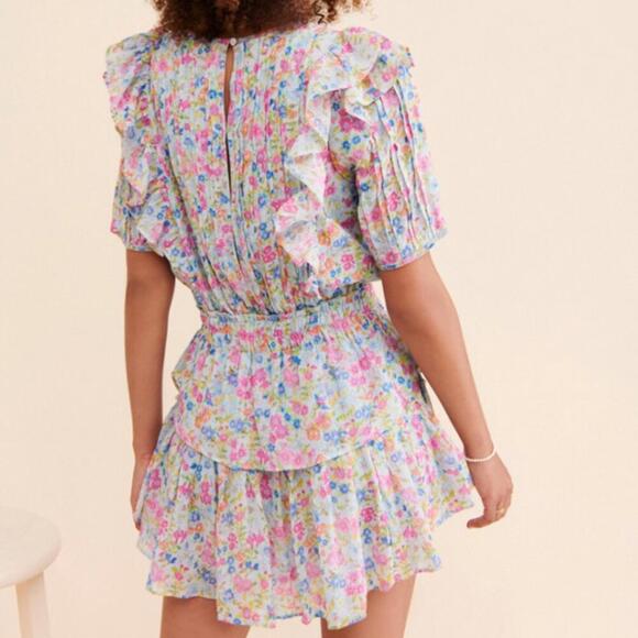 LoveShackFancy Natasha Blue Ditsy Floral Tiered Mini Dress Size M - Picture 3 of 14